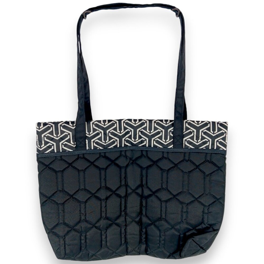 CINDA B- Jet Set Black-Tote-Purse-Shoulder Bag-Quilted Pattern-Black-White - Picture 8 of 10
